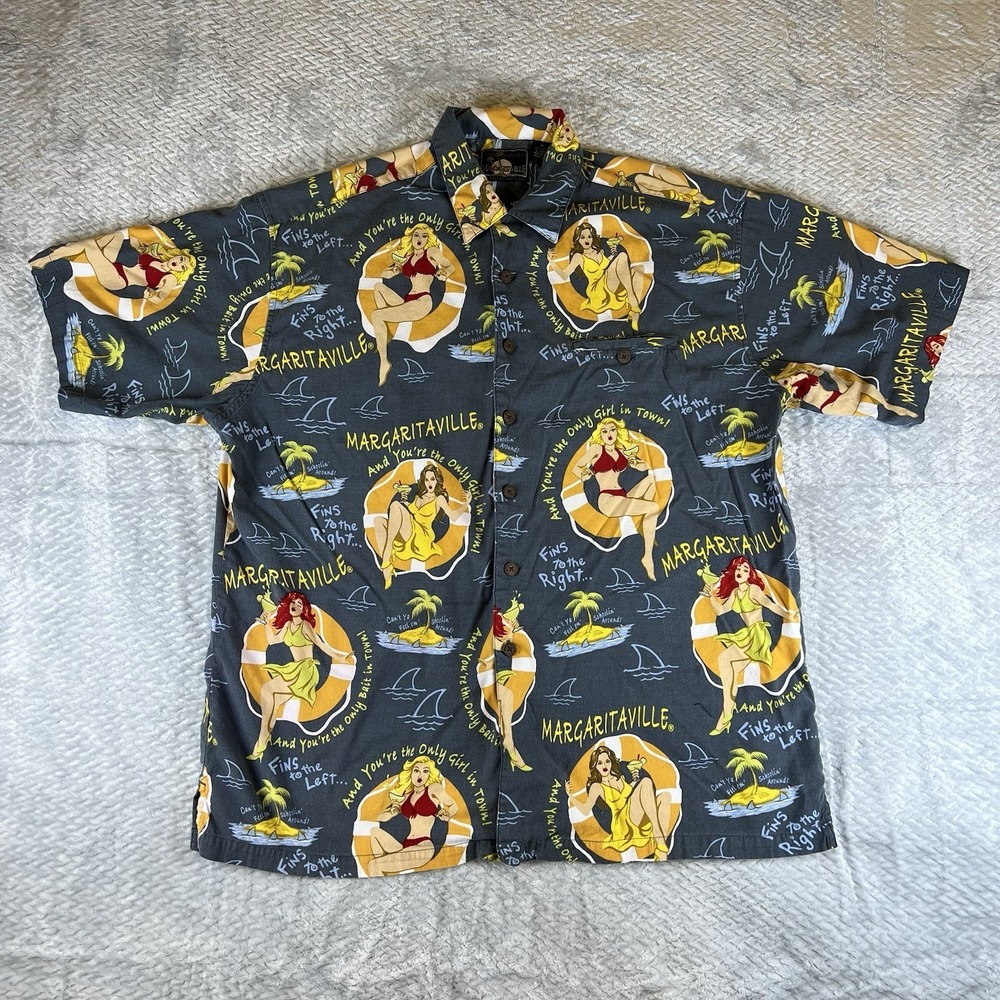 Jimmy Buffett Margaritaville Hawaiian Shirt XL Pin Up Girls Fins All Over Camp